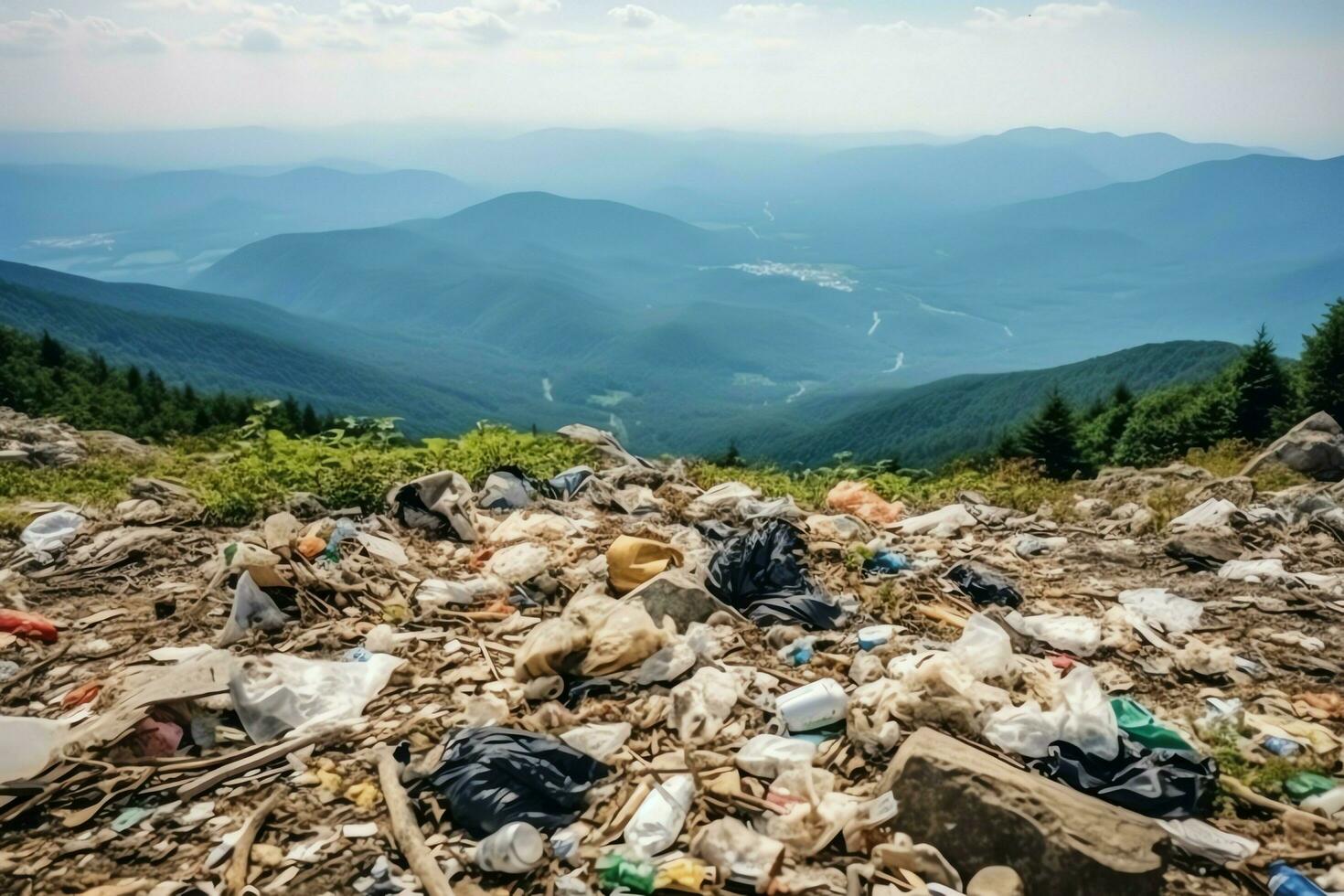 ambientale problema plastica spazzatura o spazzatura nel il montagna a partire dal globale riscaldamento. inquinamento concetto di ai generato foto