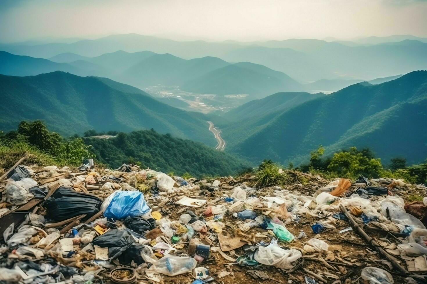 ambientale problema plastica spazzatura o spazzatura nel il montagna a partire dal globale riscaldamento. inquinamento concetto di ai generato foto