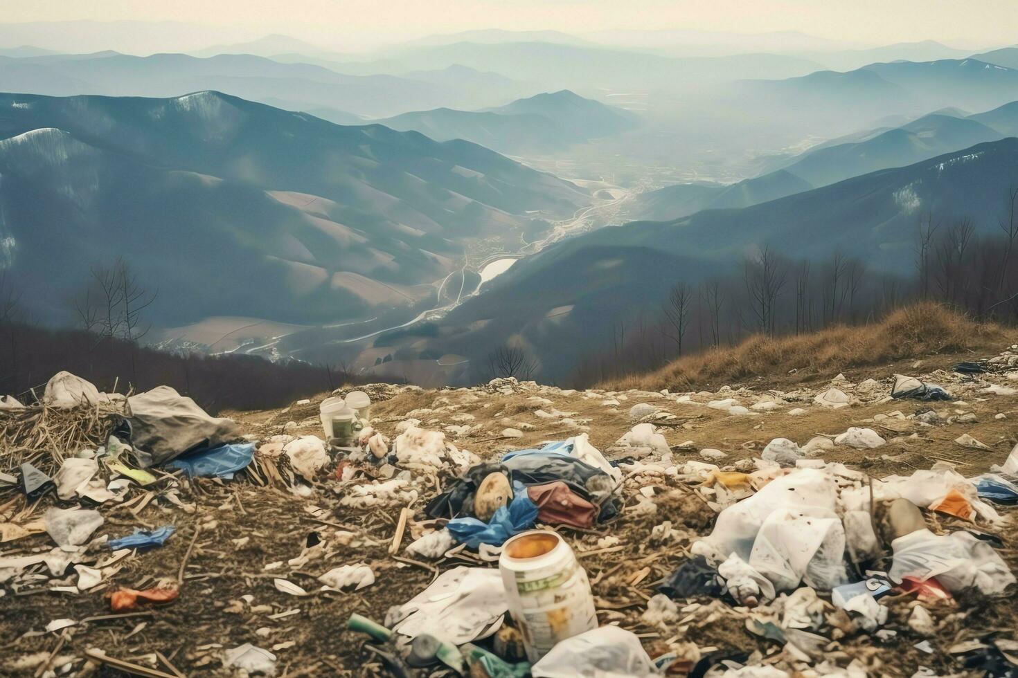 ambientale problema plastica spazzatura o spazzatura nel il montagna a partire dal globale riscaldamento. inquinamento concetto di ai generato foto