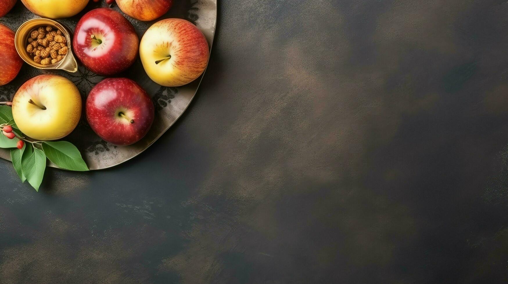 tradizionale cibo di ebraico nuovo anno vacanza di tradizione o religione. Rosh hashanah con copia spazio concetto di ai generato foto