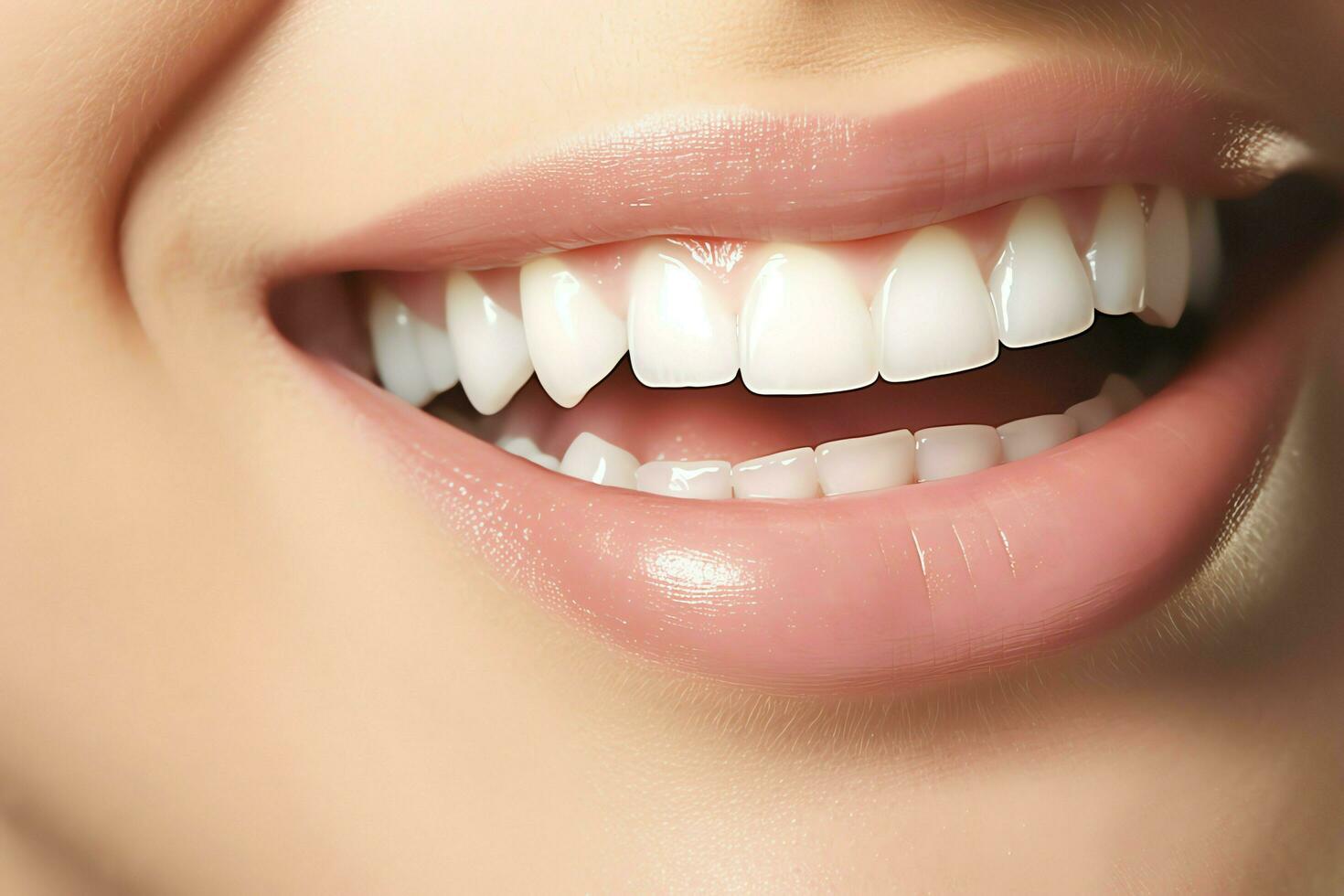 Perfetto salutare denti Sorridi di un' giovane donna a un' dentista. denti sbiancamento. dentale cura, stomatologia concetto di ai generato foto