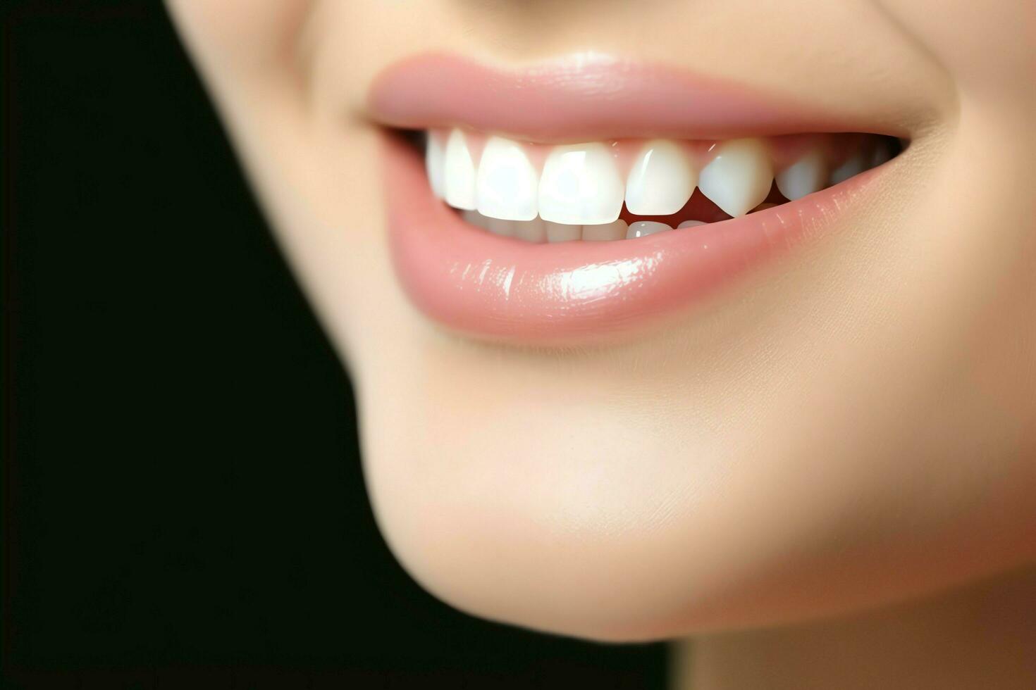 Perfetto salutare denti Sorridi di un' giovane donna a un' dentista. denti sbiancamento. dentale cura, stomatologia concetto di ai generato foto