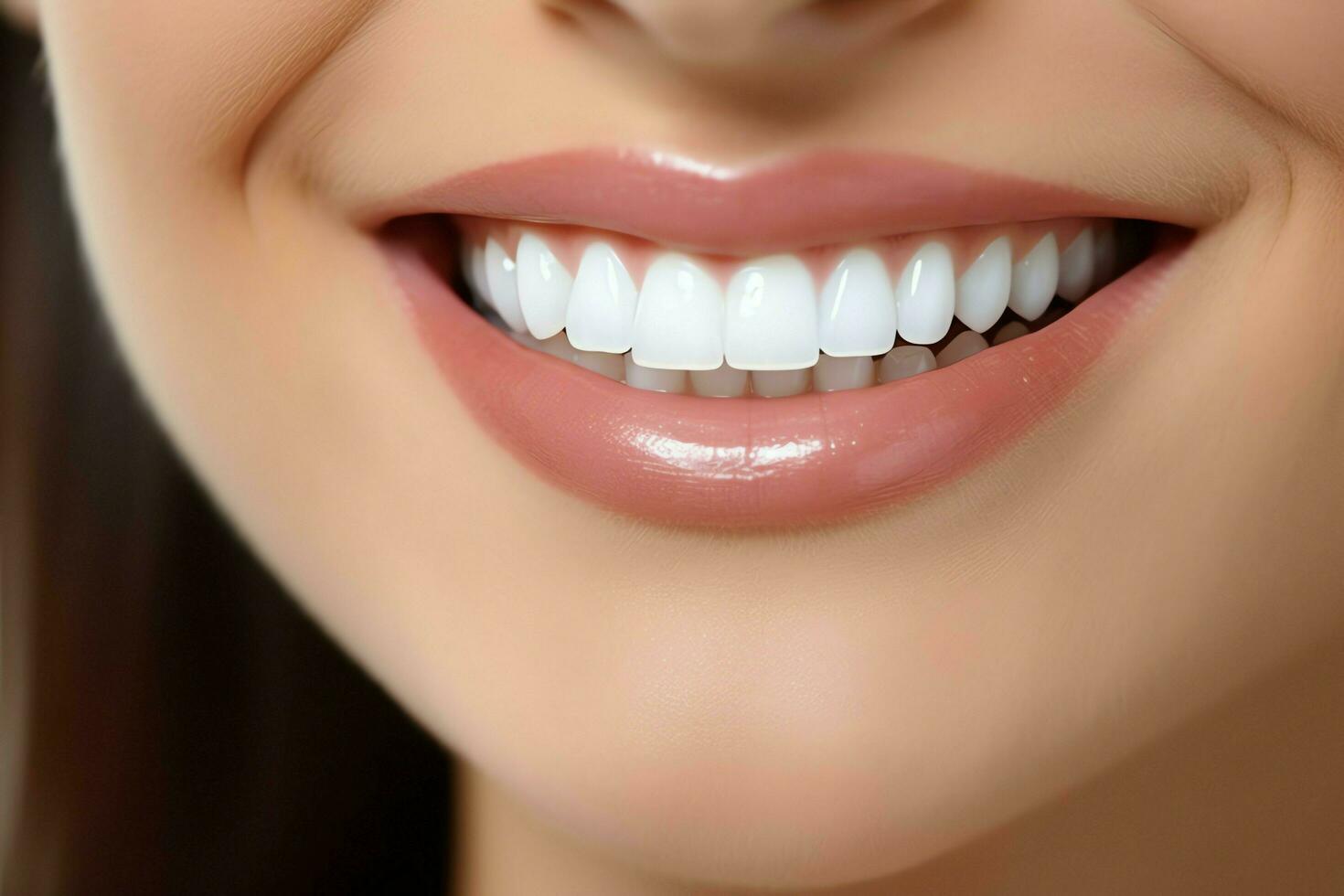 Perfetto salutare denti Sorridi di un' giovane donna a un' dentista. denti sbiancamento. dentale cura, stomatologia concetto di ai generato foto