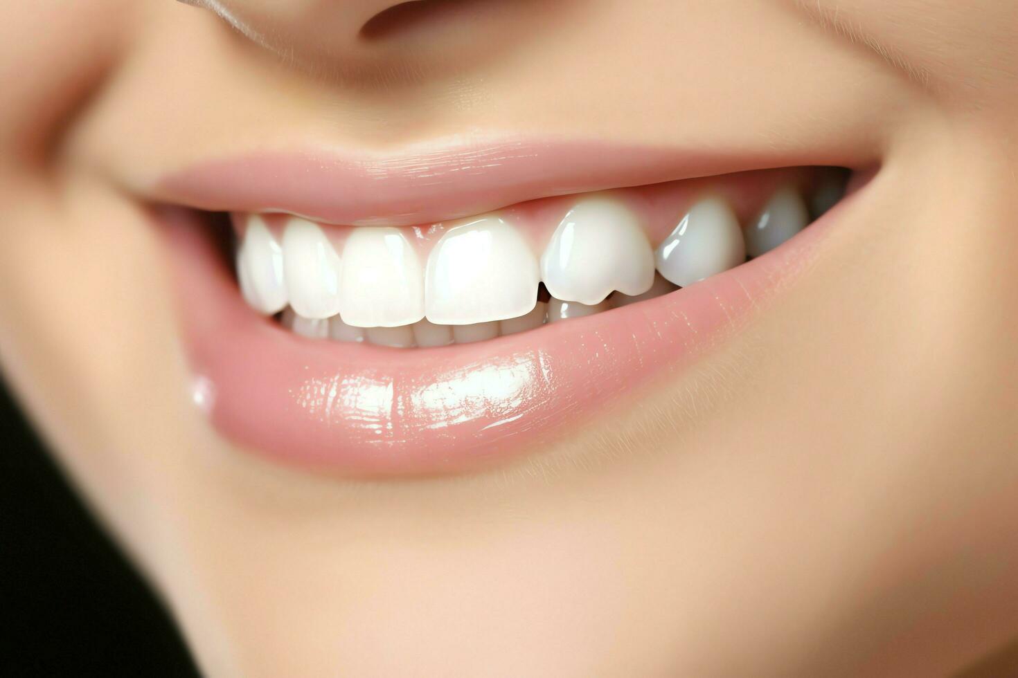 Perfetto salutare denti Sorridi di un' giovane donna a un' dentista. denti sbiancamento. dentale cura, stomatologia concetto di ai generato foto