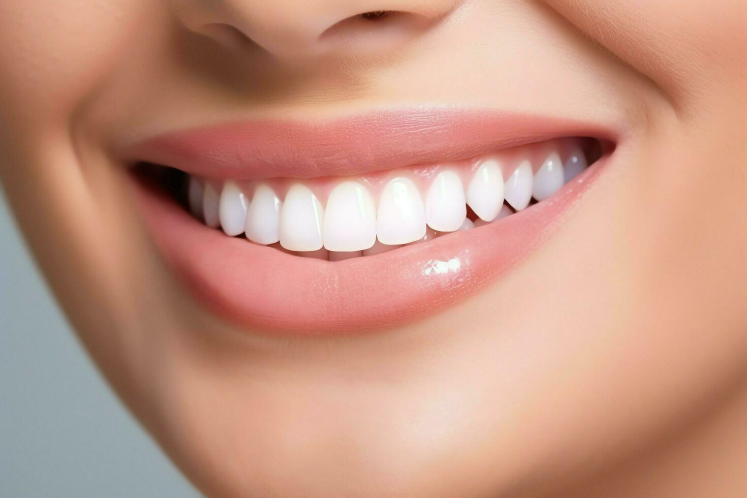 Perfetto salutare denti Sorridi di un' giovane donna a un' dentista. denti sbiancamento. dentale cura, stomatologia concetto di ai generato foto