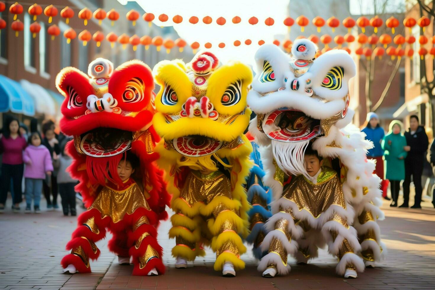 Drago o Leone danza mostrare barongsai nel celebrazione Cinese lunare nuovo anno Festival. asiatico tradizionale concetto di ai generato foto