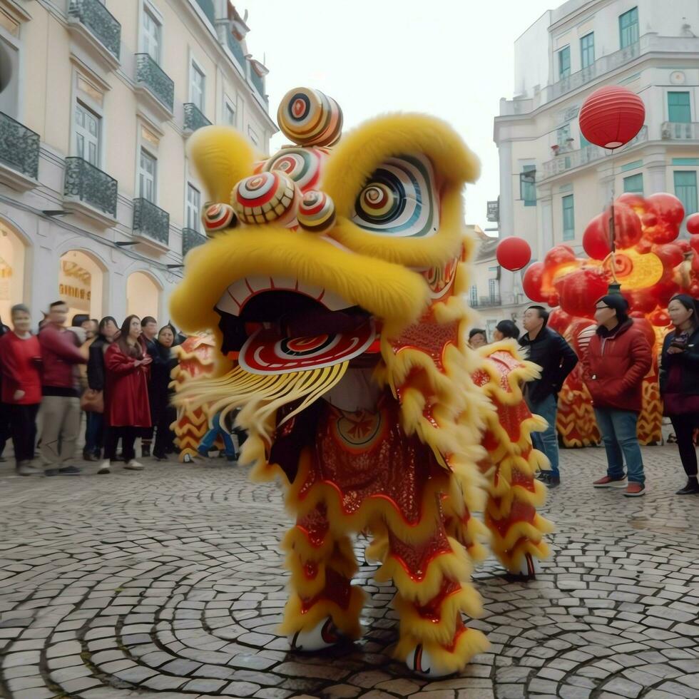 Drago o Leone danza mostrare barongsai nel celebrazione Cinese lunare nuovo anno Festival. asiatico tradizionale concetto di ai generato foto