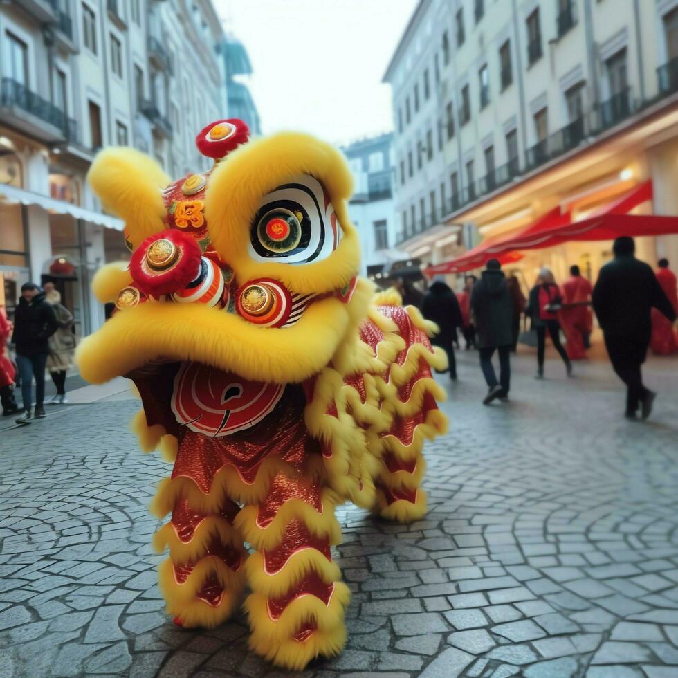 Drago o Leone danza mostrare barongsai nel celebrazione Cinese lunare nuovo anno Festival. asiatico tradizionale concetto di ai generato foto