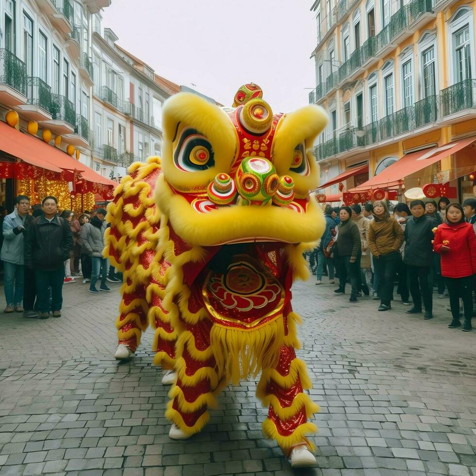 Drago o Leone danza mostrare barongsai nel celebrazione Cinese lunare nuovo anno Festival. asiatico tradizionale concetto di ai generato foto