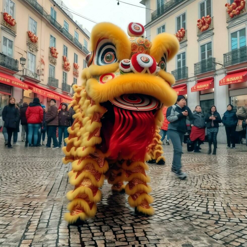 Drago o Leone danza mostrare barongsai nel celebrazione Cinese lunare nuovo anno Festival. asiatico tradizionale concetto di ai generato foto