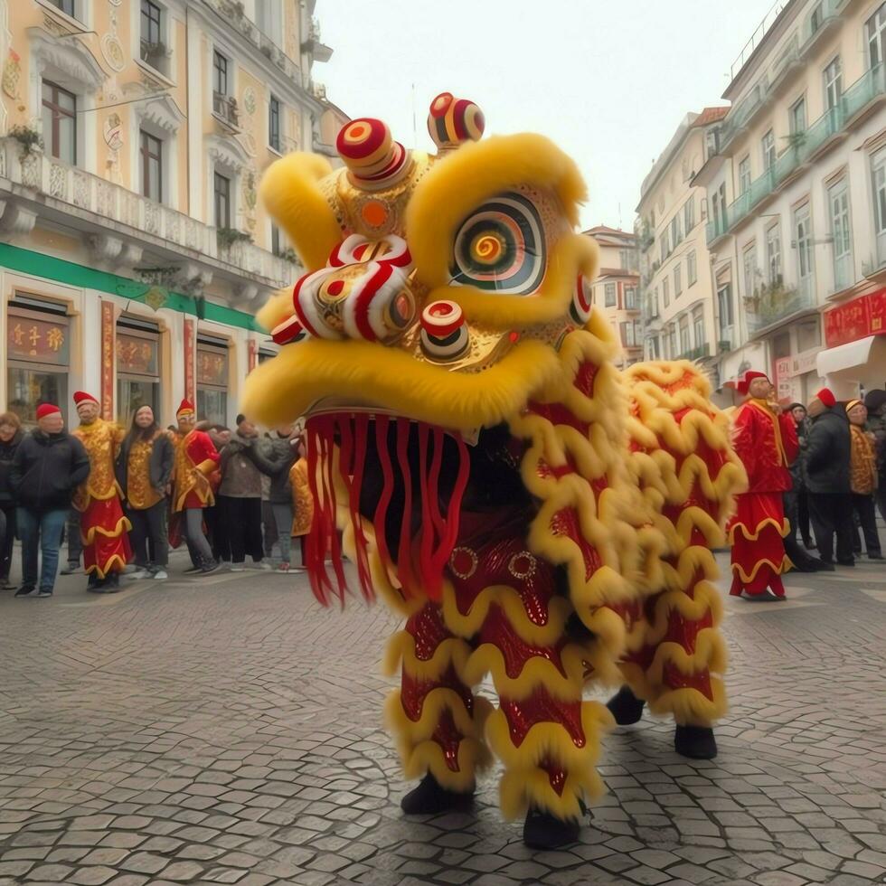 Drago o Leone danza mostrare barongsai nel celebrazione Cinese lunare nuovo anno Festival. asiatico tradizionale concetto di ai generato foto