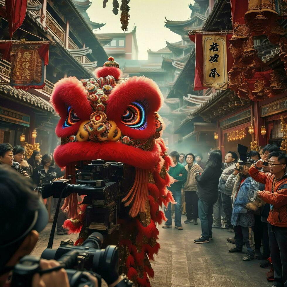 Drago o Leone danza mostrare barongsai nel celebrazione Cinese lunare nuovo anno Festival. asiatico tradizionale concetto di ai generato foto