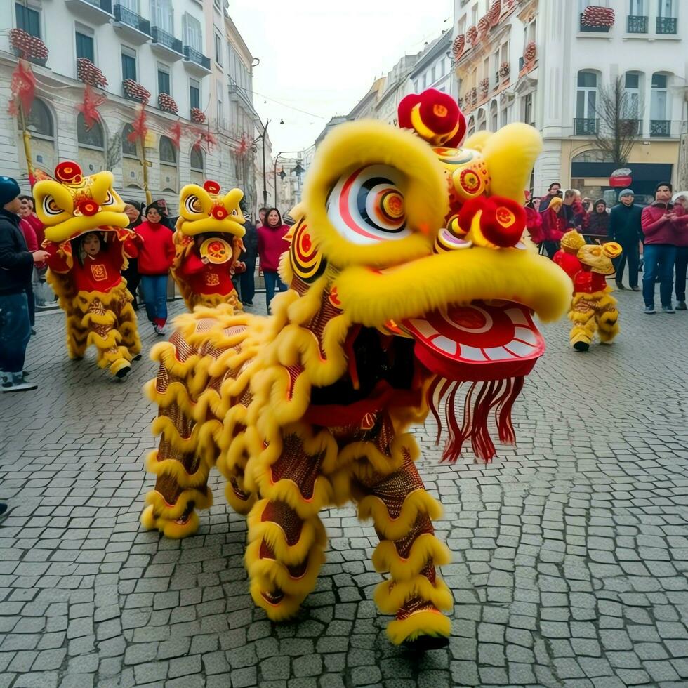 Drago o Leone danza mostrare barongsai nel celebrazione Cinese lunare nuovo anno Festival. asiatico tradizionale concetto di ai generato foto