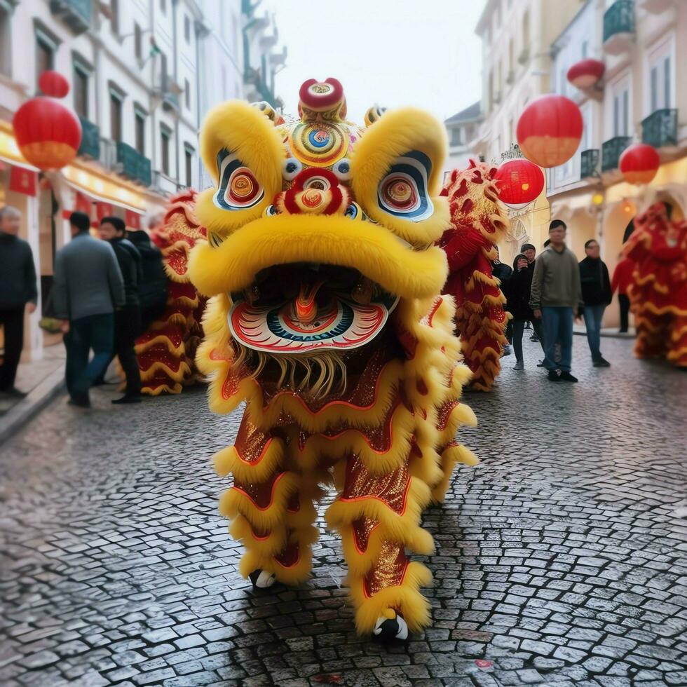 Drago o Leone danza mostrare barongsai nel celebrazione Cinese lunare nuovo anno Festival. asiatico tradizionale concetto di ai generato foto