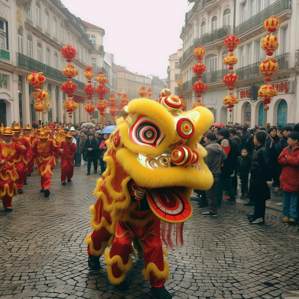 Drago o Leone danza mostrare barongsai nel celebrazione Cinese lunare nuovo anno Festival. asiatico tradizionale concetto di ai generato foto