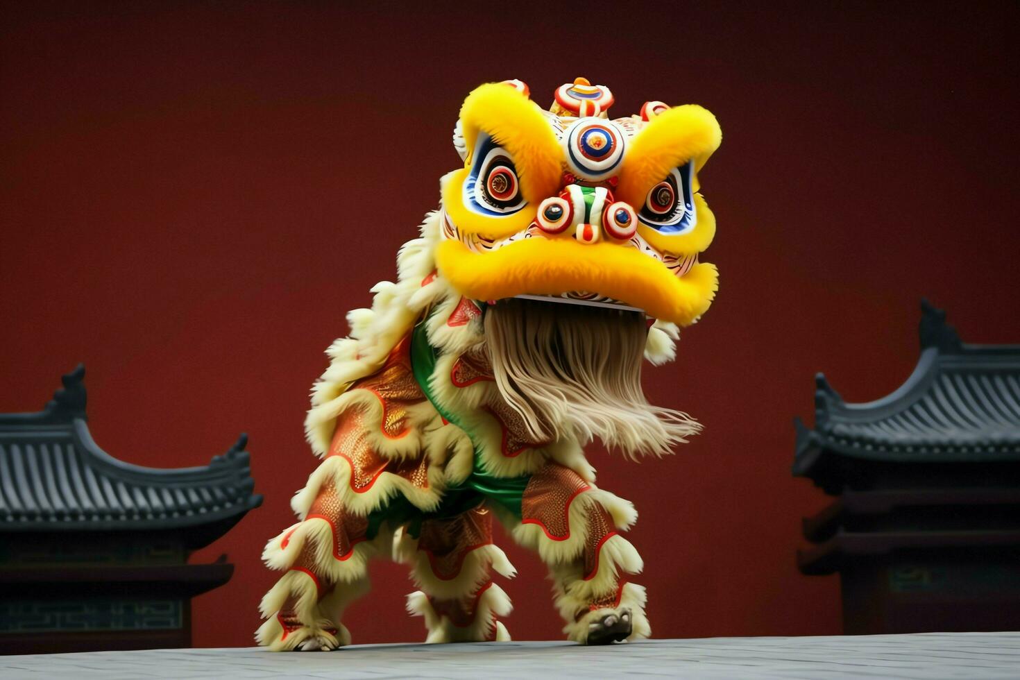 Drago o Leone danza mostrare barongsai nel celebrazione Cinese lunare nuovo anno Festival. asiatico tradizionale concetto di ai generato foto