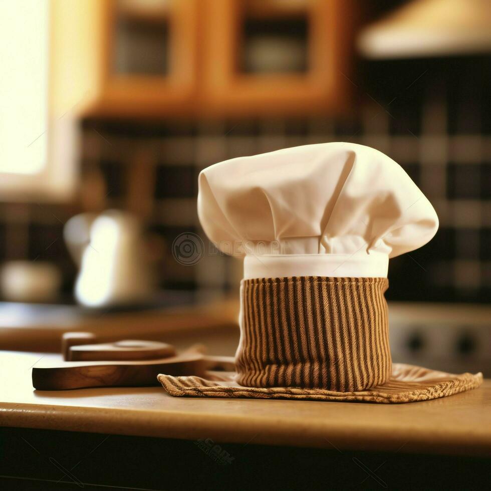 bianca cucinare cappello nel il cucina tavolo e copia spazio per il tuo decorazione. pubblicità fotografia concetto di ai generato foto