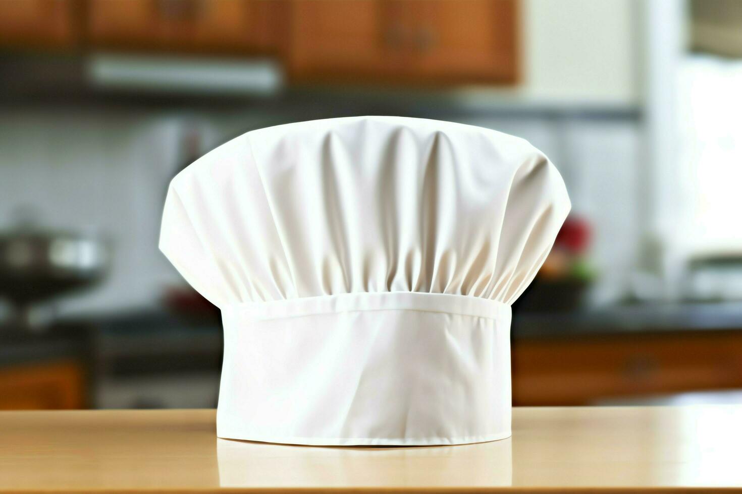 bianca cucinare cappello nel il cucina tavolo e copia spazio per il tuo decorazione. pubblicità fotografia concetto di ai generato foto