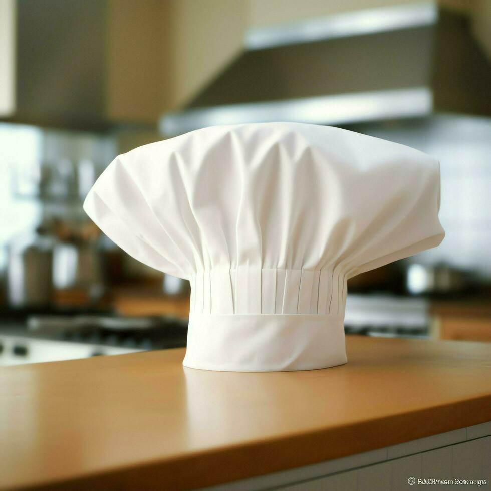 bianca cucinare cappello nel il cucina tavolo e copia spazio per il tuo decorazione. pubblicità fotografia concetto di ai generato foto