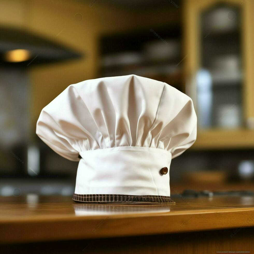 bianca cucinare cappello nel il cucina tavolo e copia spazio per il tuo decorazione. pubblicità fotografia concetto di ai generato foto