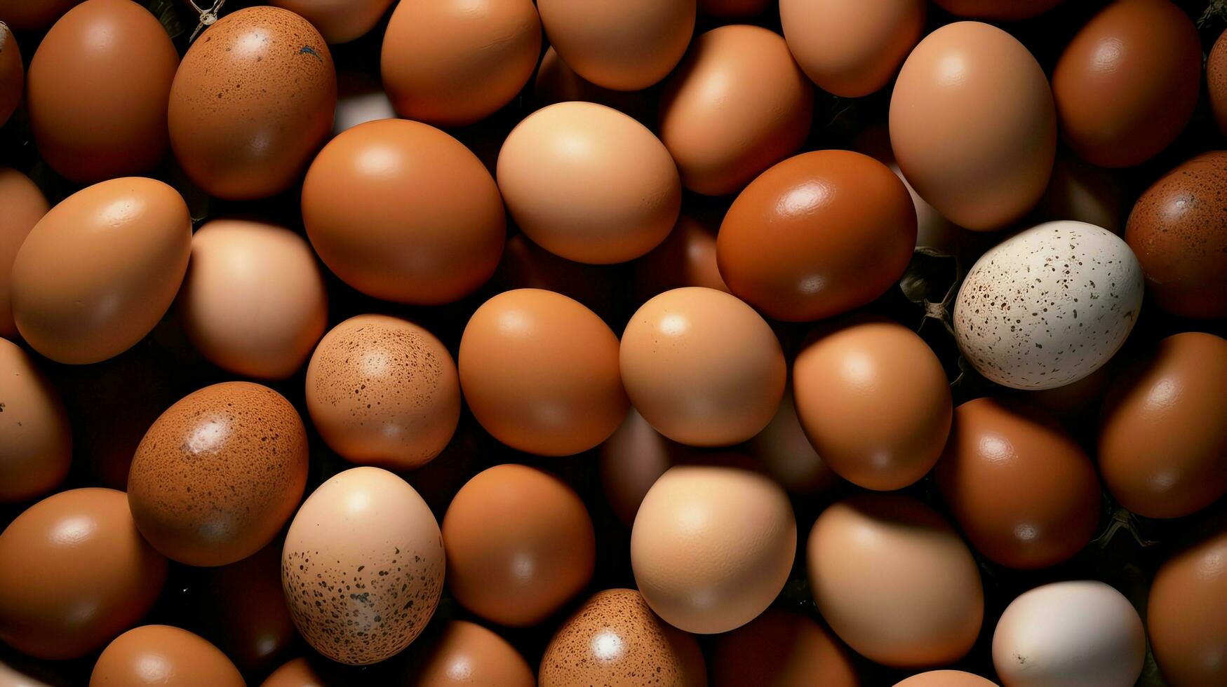 un' lotto mucchio di fresco pollo uova su il di legno, nido o cannuccia cestino. eco uova drogheria salutare concetto di ai generato foto