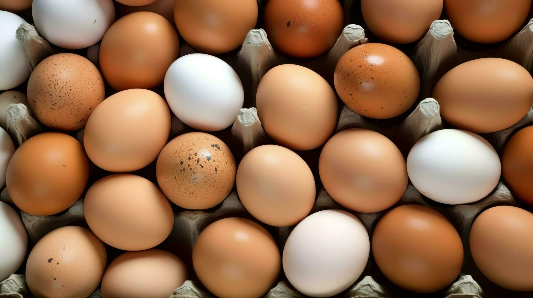 un' lotto mucchio di fresco pollo uova su il di legno, nido o cannuccia cestino. eco uova drogheria salutare concetto di ai generato foto