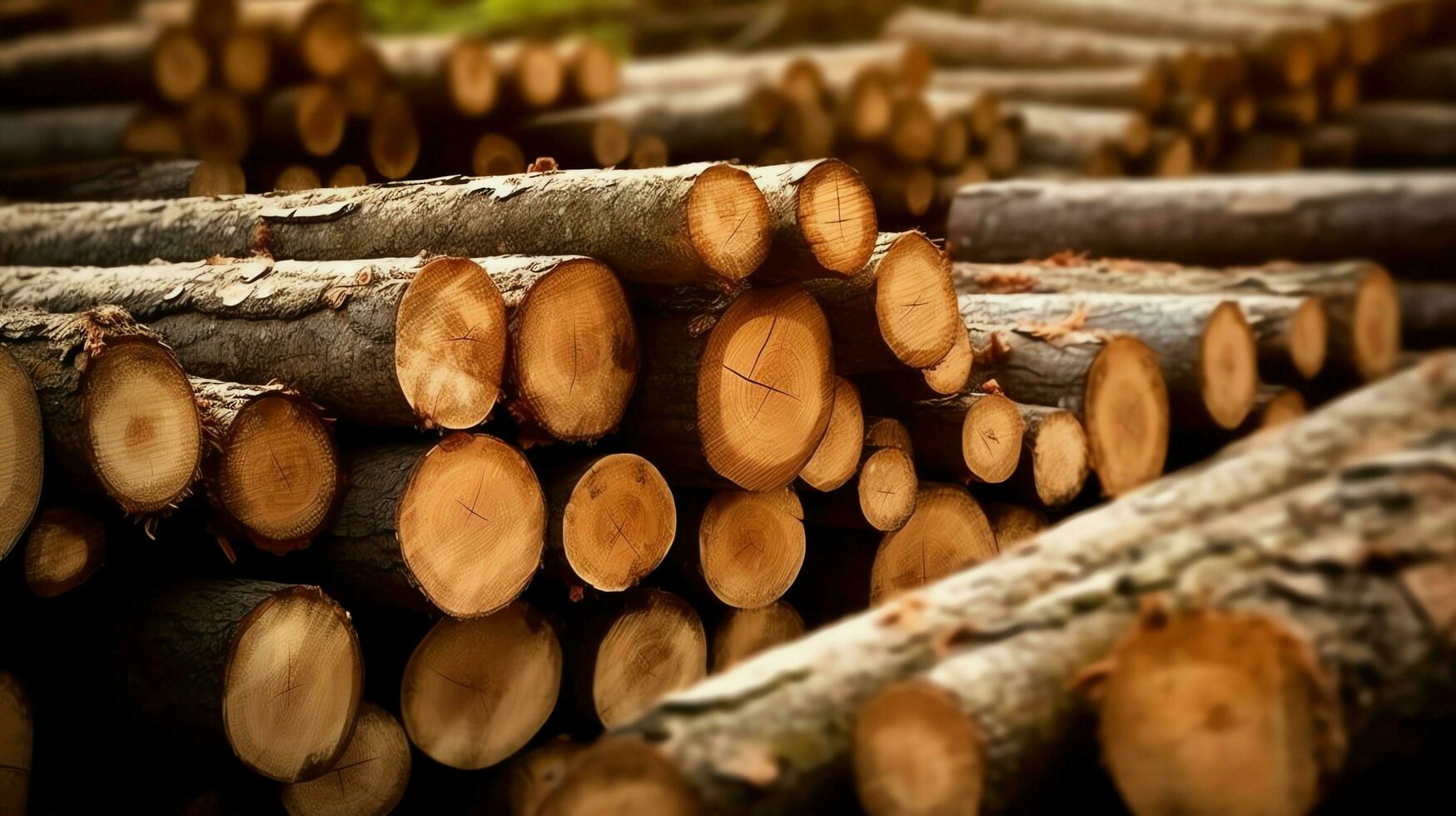 un' grande circolare pezzo di Di legno, di legno tronco o impilati albero legname per mobilia industria. di legno log concetto di ai generato foto