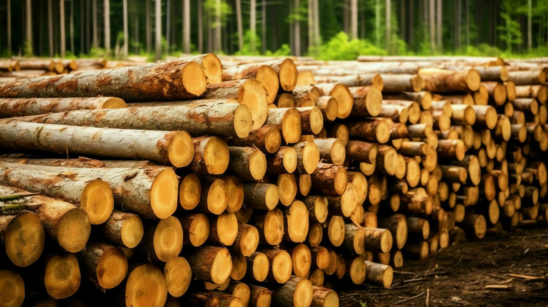 un' grande circolare pezzo di Di legno, di legno tronco o impilati albero legname per mobilia industria. di legno log concetto di ai generato foto