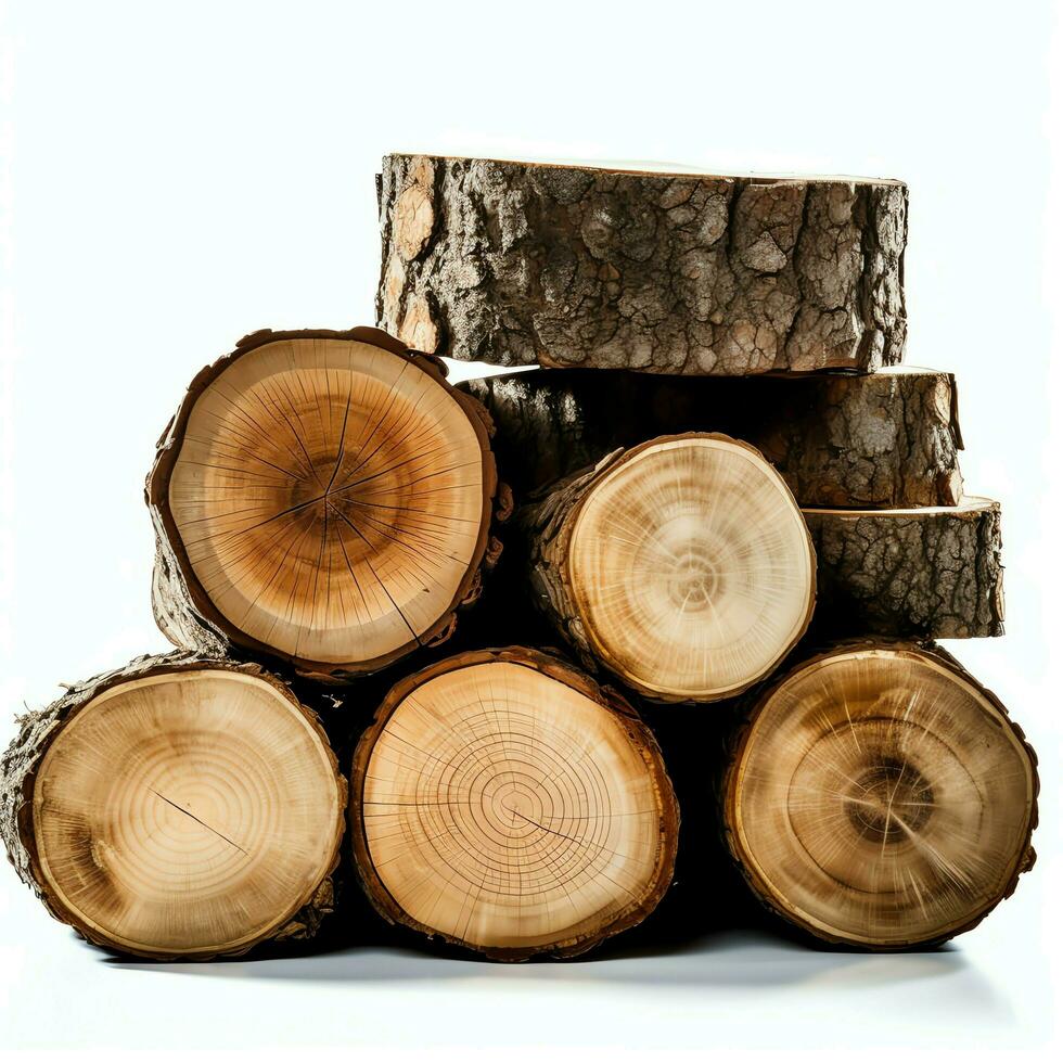 un' grande circolare pezzo di Di legno, di legno tronco o impilati albero legname per mobilia industria. di legno log concetto di ai generato foto