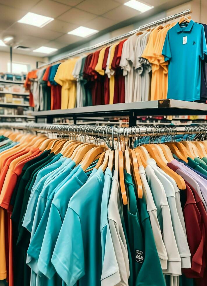 riga di alla moda polo magliette per uomo su di legno appendiabiti o cremagliera nel un' capi di abbigliamento boutique Al dettaglio negozio concetto di ai generato foto