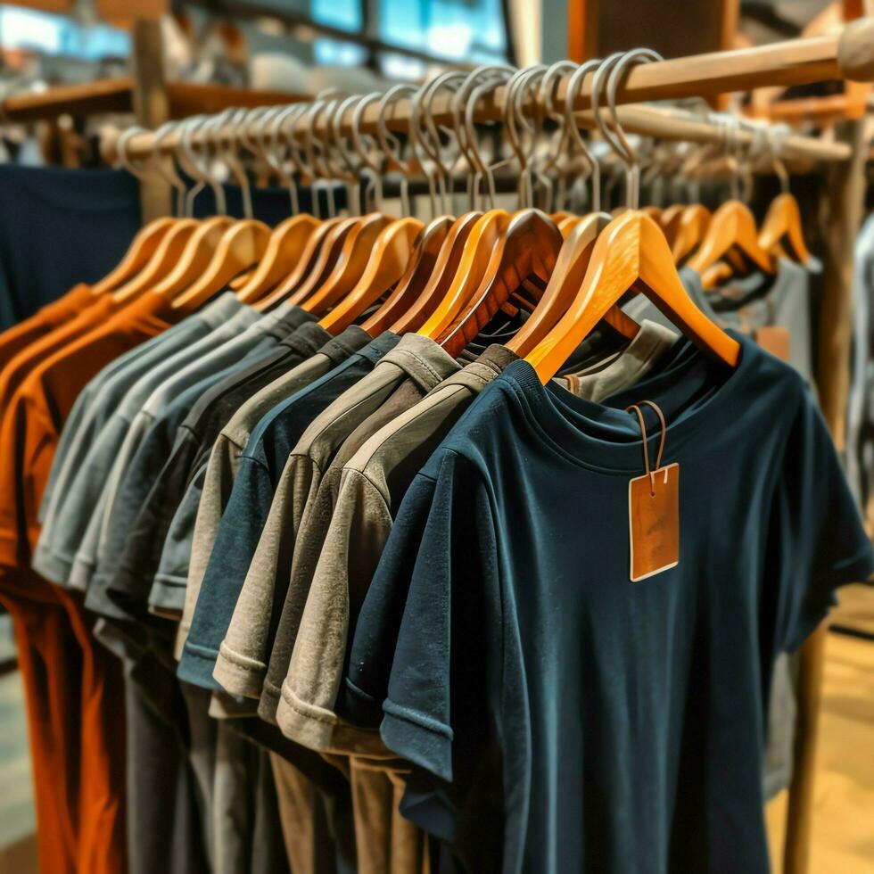 riga di alla moda polo magliette per uomo su di legno appendiabiti o cremagliera nel un' capi di abbigliamento boutique Al dettaglio negozio concetto di ai generato foto