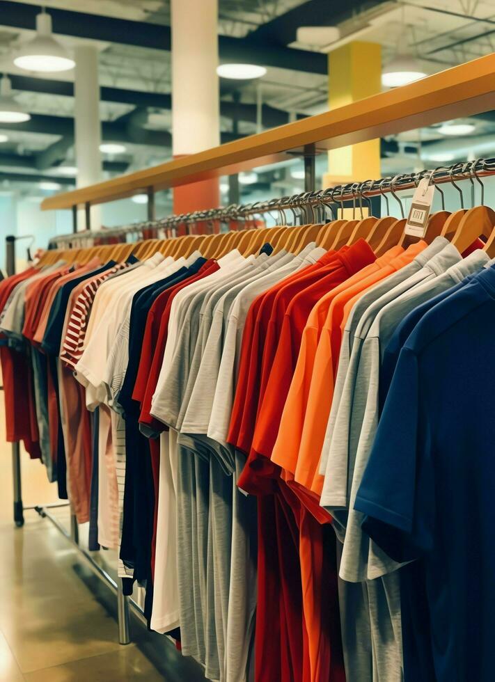 riga di alla moda polo magliette per uomo su di legno appendiabiti o cremagliera nel un' capi di abbigliamento boutique Al dettaglio negozio concetto di ai generato foto