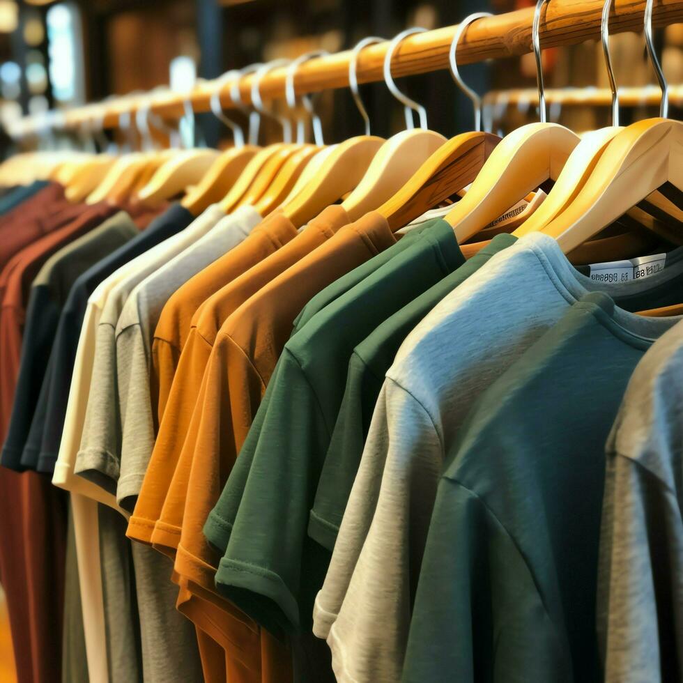 riga di alla moda polo magliette per uomo su di legno appendiabiti o cremagliera nel un' capi di abbigliamento boutique Al dettaglio negozio concetto di ai generato foto