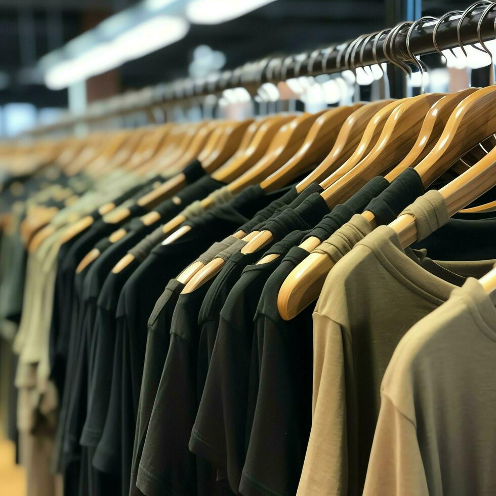 riga di alla moda polo magliette per uomo su di legno appendiabiti o cremagliera nel un' capi di abbigliamento boutique Al dettaglio negozio concetto di ai generato foto