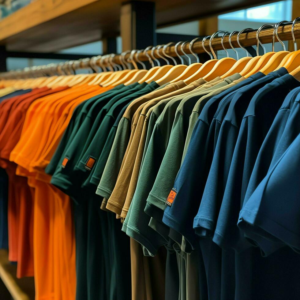 riga di alla moda polo magliette per uomo su di legno appendiabiti o cremagliera nel un' capi di abbigliamento boutique Al dettaglio negozio concetto di ai generato foto