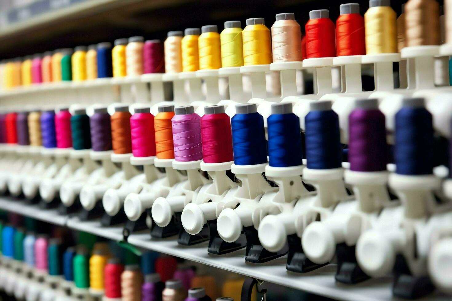 tessile stoffa fabbrica industria con ricamo macchina, maglieria o Filatura. cucire filo azienda concetto di ai generato foto
