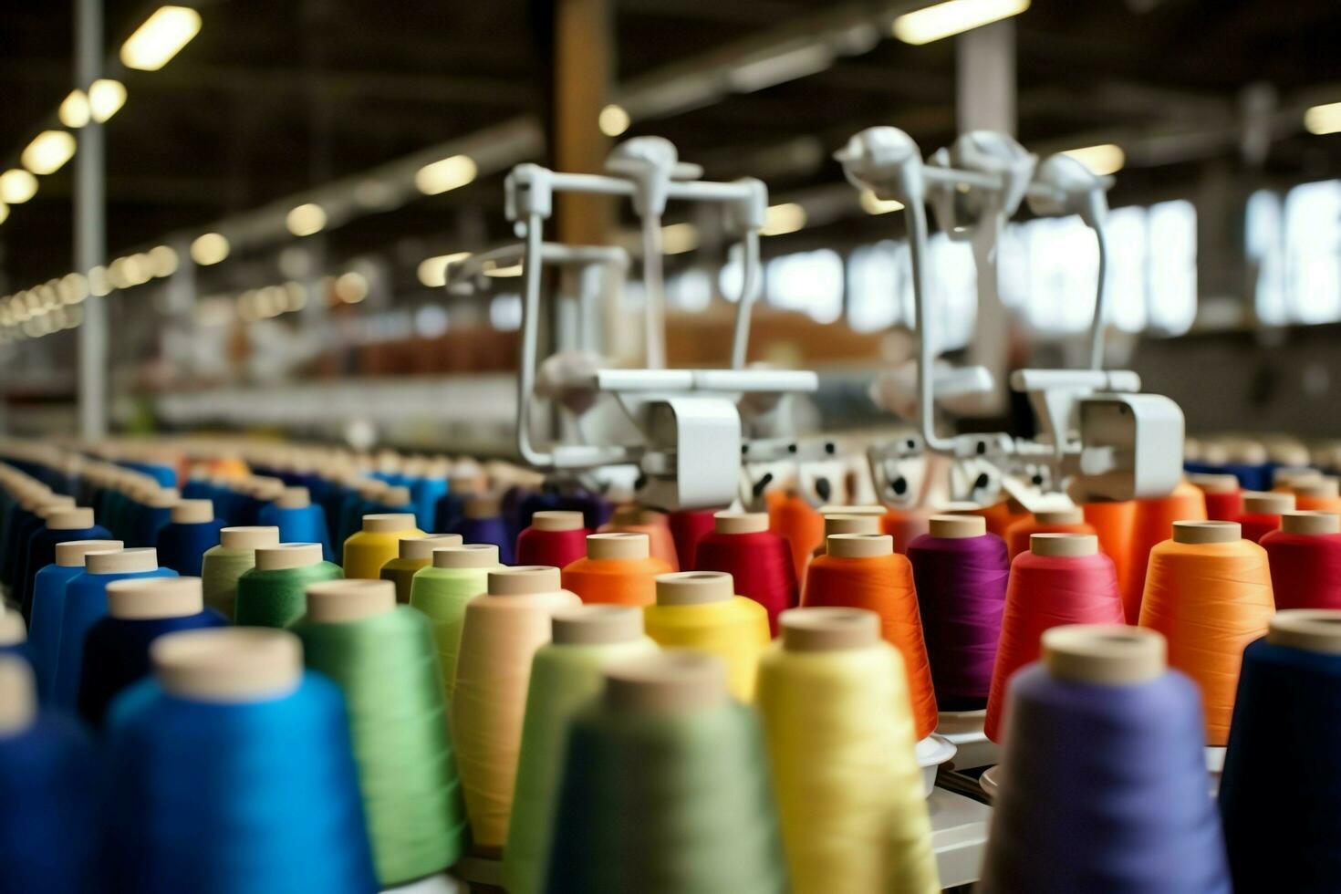 tessile stoffa fabbrica industria con ricamo macchina, maglieria o Filatura. cucire filo azienda concetto di ai generato foto