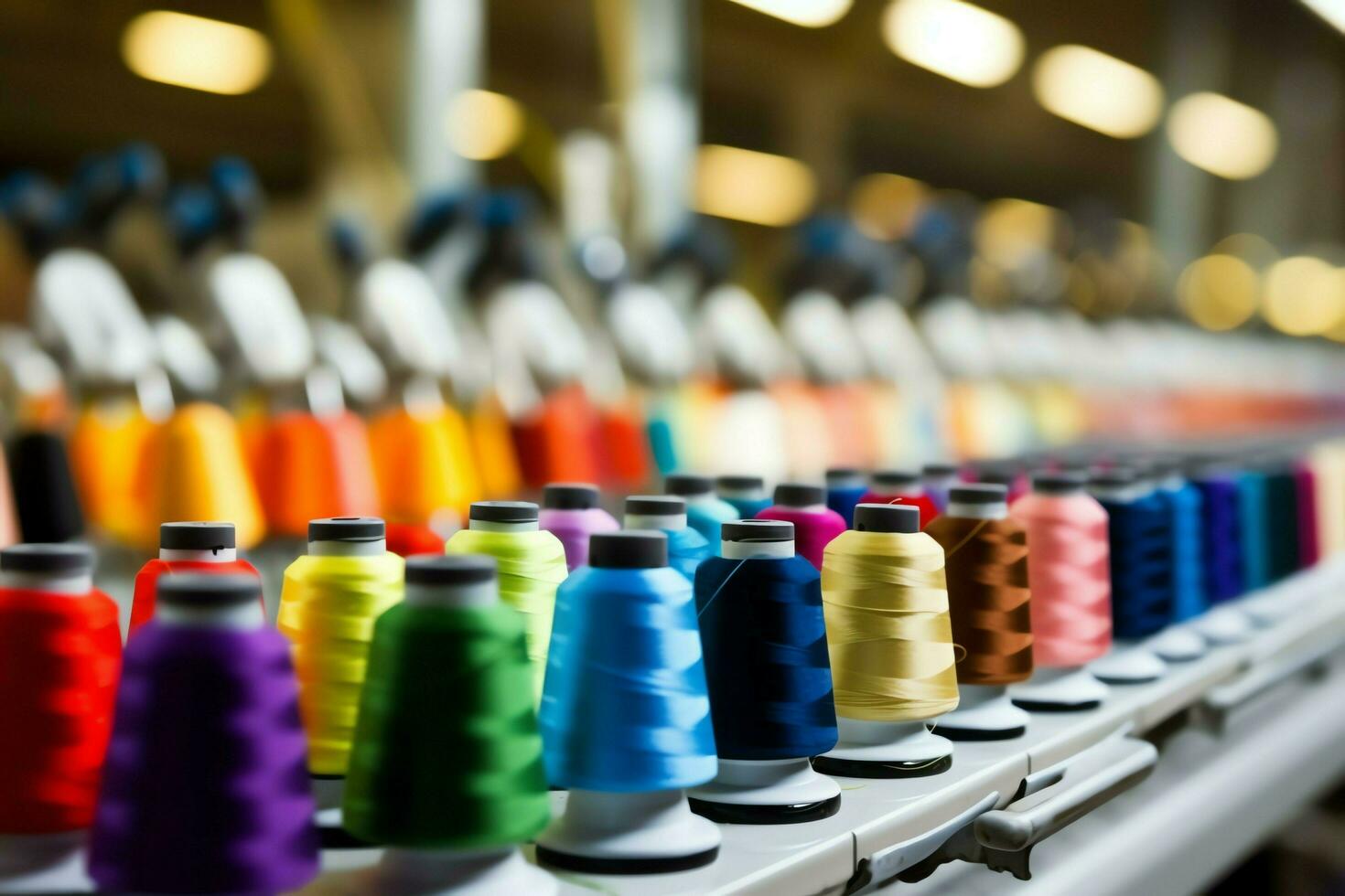 tessile stoffa fabbrica industria con ricamo macchina, maglieria o Filatura. cucire filo azienda concetto di ai generato foto