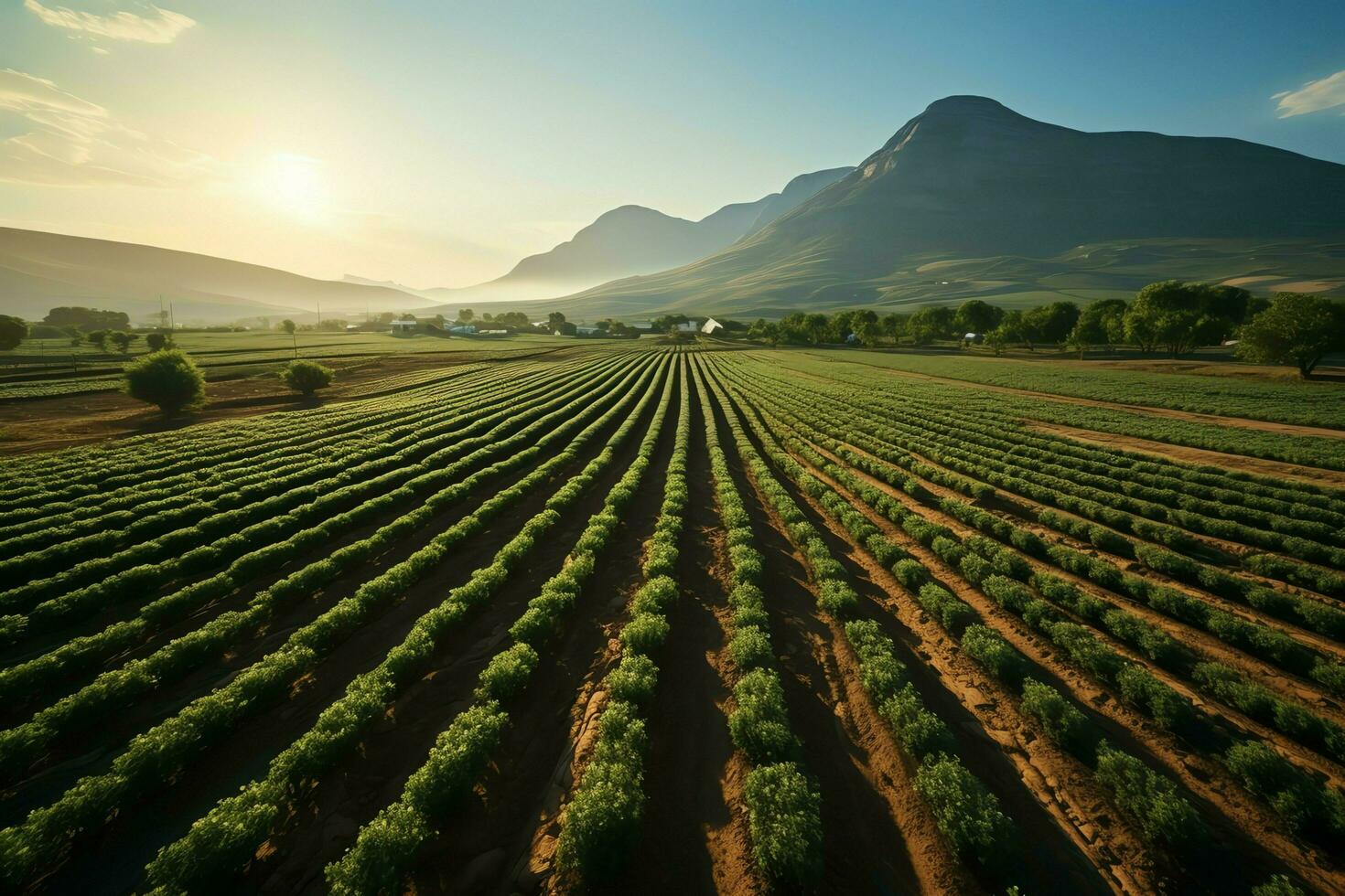 bellissimo Visualizza di un' tè campo piantagione, vigneto azienda agricola o fragola giardino nel il verde colline a Alba concetto di ai generato foto