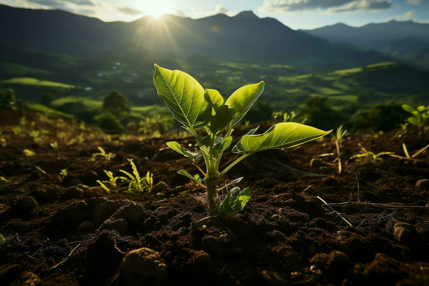 bellissimo Visualizza di un' tè campo piantagione, vigneto azienda agricola o fragola giardino nel il verde colline a Alba concetto di ai generato foto