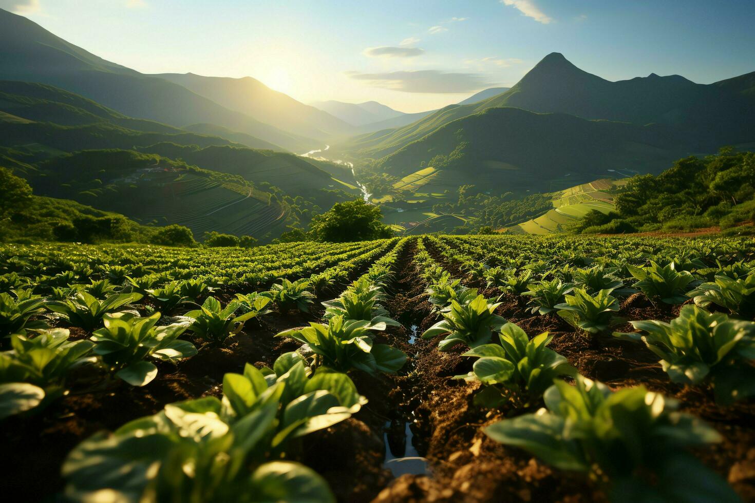 bellissimo Visualizza di un' tè campo piantagione, vigneto azienda agricola o fragola giardino nel il verde colline a Alba concetto di ai generato foto