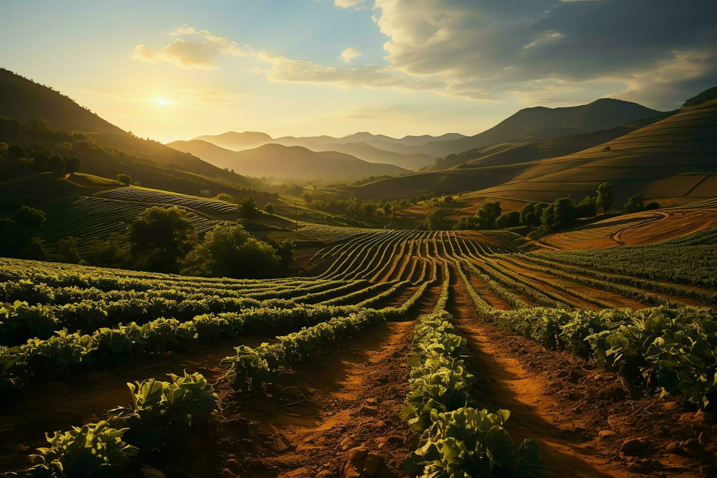 bellissimo Visualizza di un' tè campo piantagione, vigneto azienda agricola o fragola giardino nel il verde colline a Alba concetto di ai generato foto