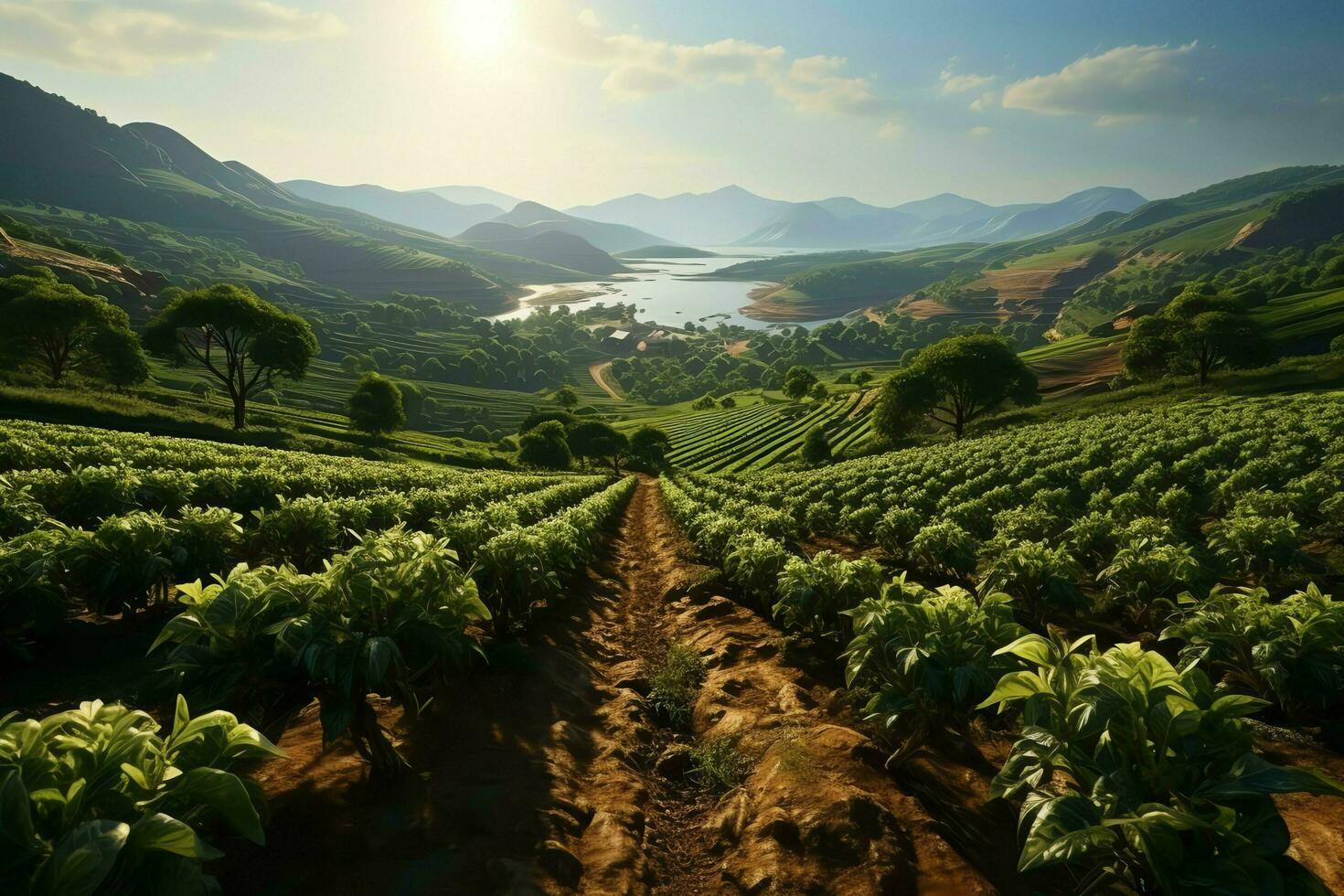 bellissimo Visualizza di un' tè campo piantagione, vigneto azienda agricola o fragola giardino nel il verde colline a Alba concetto di ai generato foto