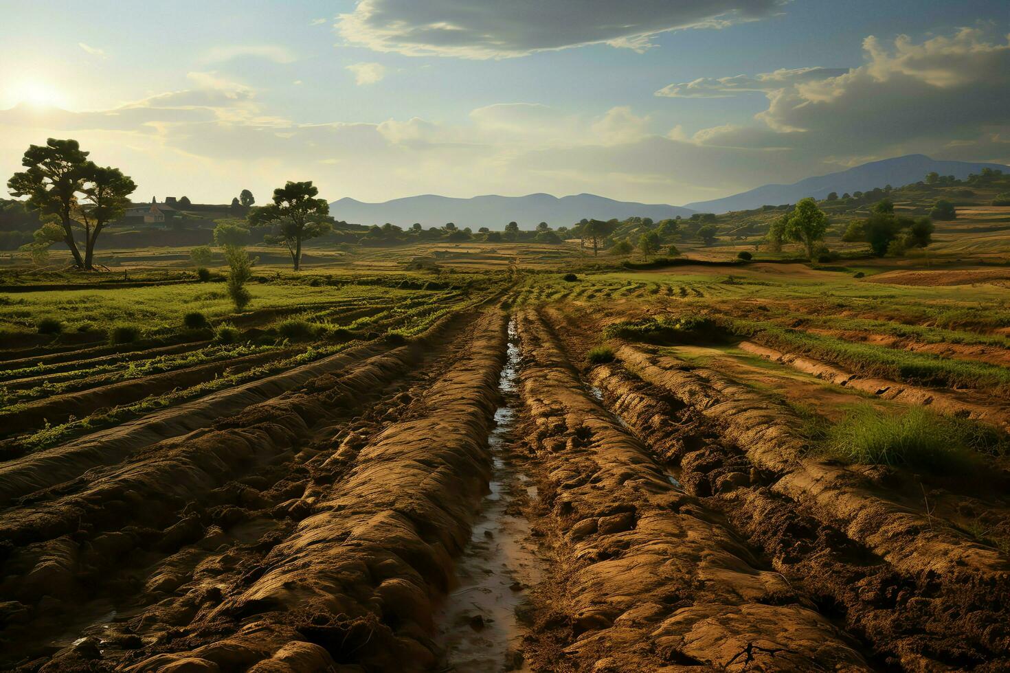 bellissimo Visualizza di un' tè campo piantagione, vigneto azienda agricola o fragola giardino nel il verde colline a Alba concetto di ai generato foto