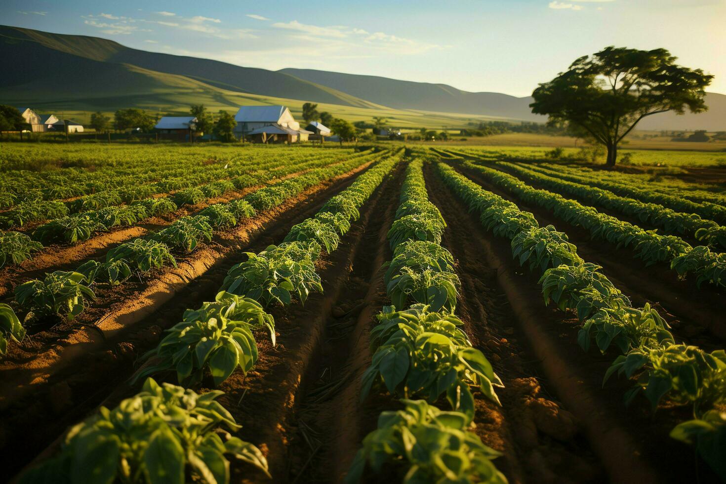 bellissimo Visualizza di un' tè campo piantagione, vigneto azienda agricola o fragola giardino nel il verde colline a Alba concetto di ai generato foto