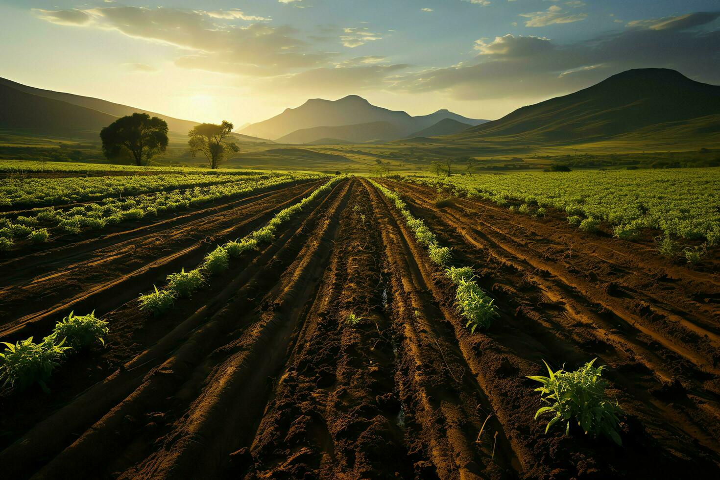 bellissimo Visualizza di un' tè campo piantagione, vigneto azienda agricola o fragola giardino nel il verde colline a Alba concetto di ai generato foto