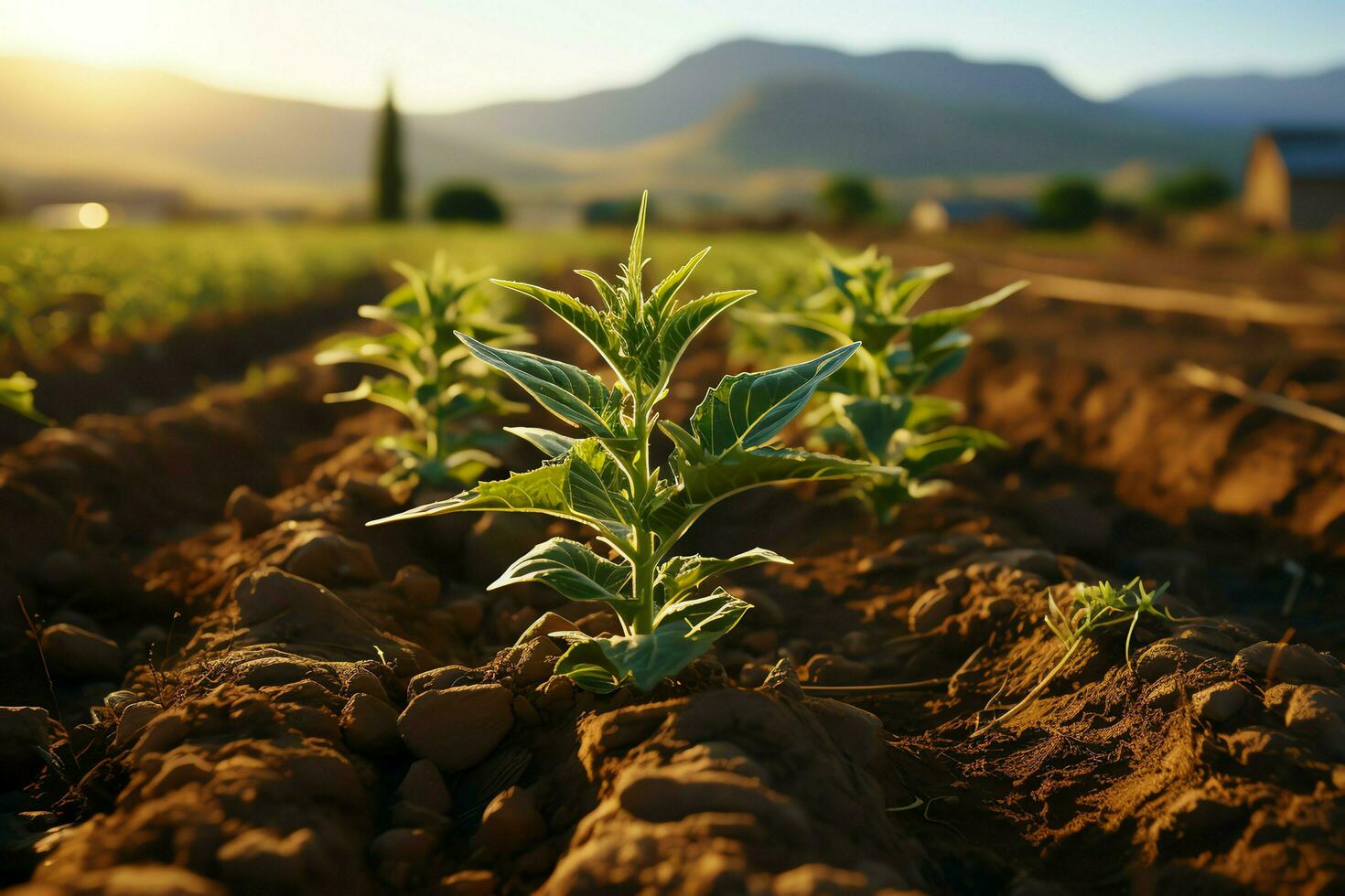 bellissimo Visualizza di un' tè campo piantagione, vigneto azienda agricola o fragola giardino nel il verde colline a Alba concetto di ai generato foto