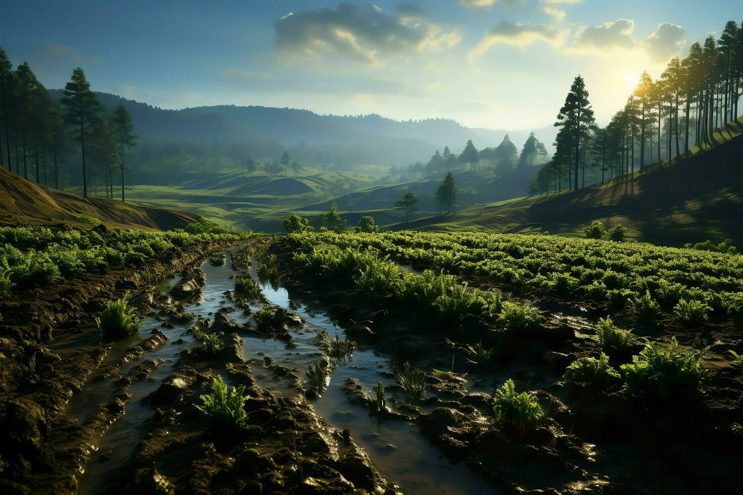 bellissimo Visualizza di un' tè campo piantagione, vigneto azienda agricola o fragola giardino nel il verde colline a Alba concetto di ai generato foto