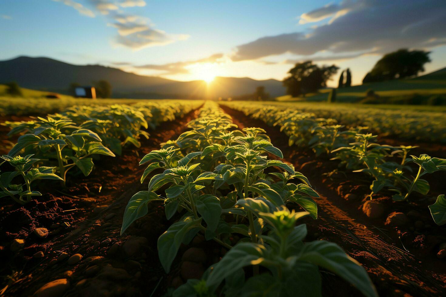 bellissimo Visualizza di un' tè campo piantagione, vigneto azienda agricola o fragola giardino nel il verde colline a Alba concetto di ai generato foto