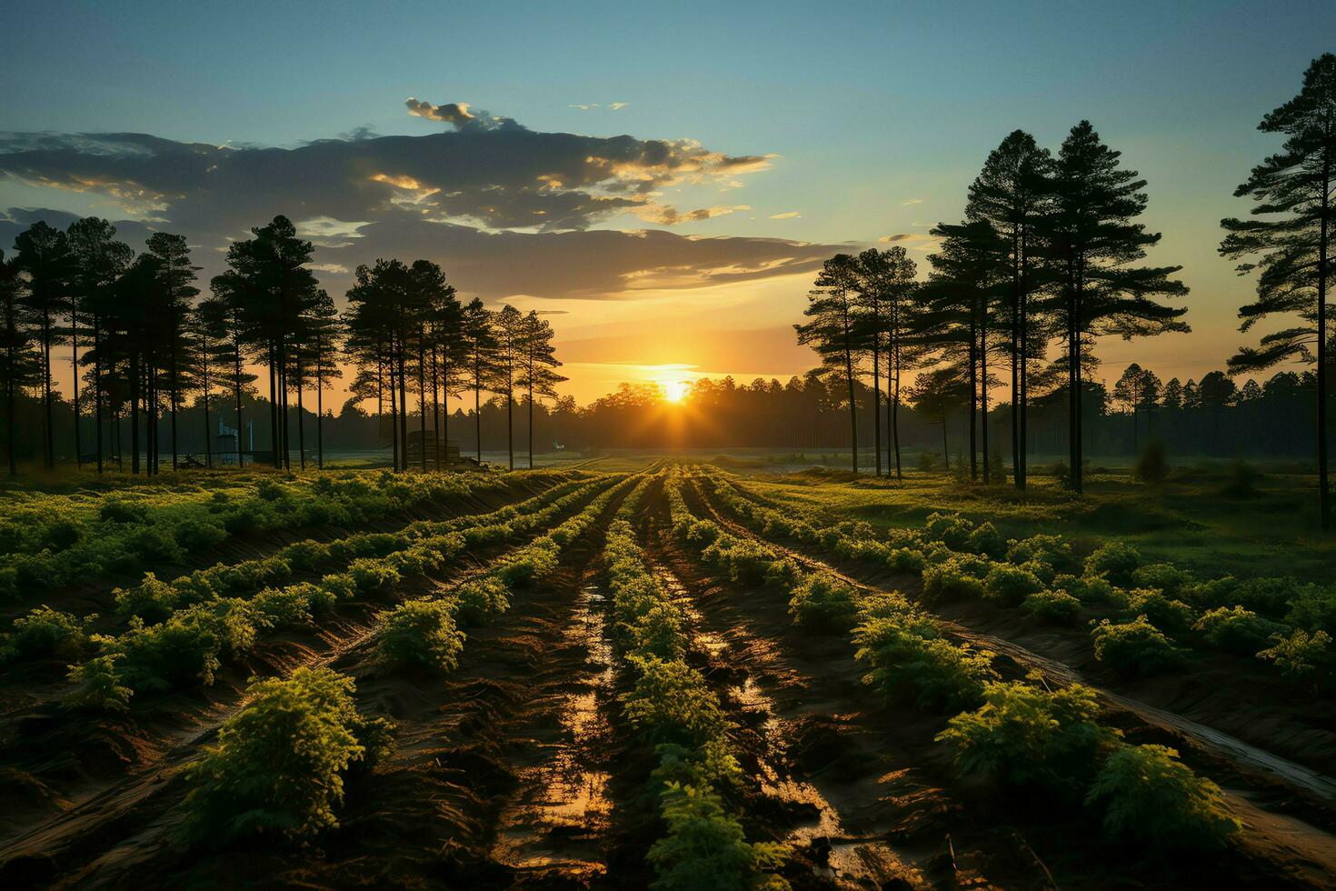 bellissimo Visualizza di un' tè campo piantagione, vigneto azienda agricola o fragola giardino nel il verde colline a Alba concetto di ai generato foto